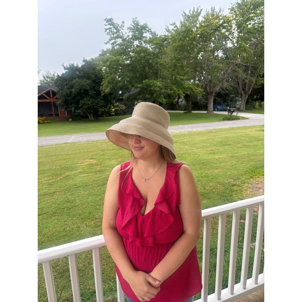 Eric Javits Squishee Packable Straw Sun Hat Tan Beige Wide Brim Bow Accent Women - Picture 9 of 10